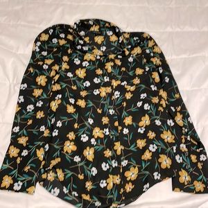 Who What Wear - Black Button Up Blouse with Yellow & White Floral Pattern -Small